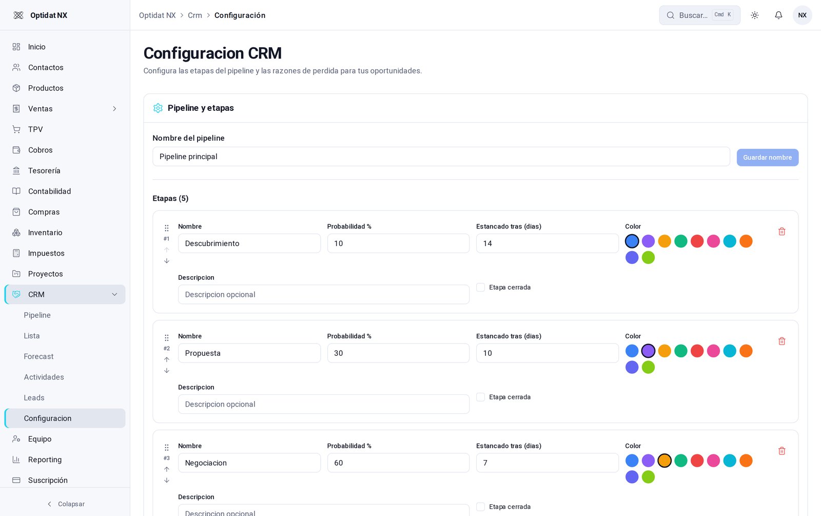 Configuración del embudo en ElodeaH CRM